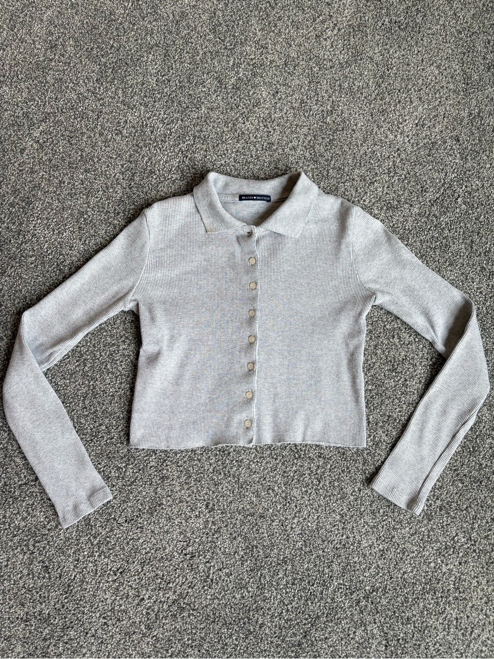 Brandy Melville Light Grey Ribbed Collared Long Sleeve Cropped Polo Shirt OS